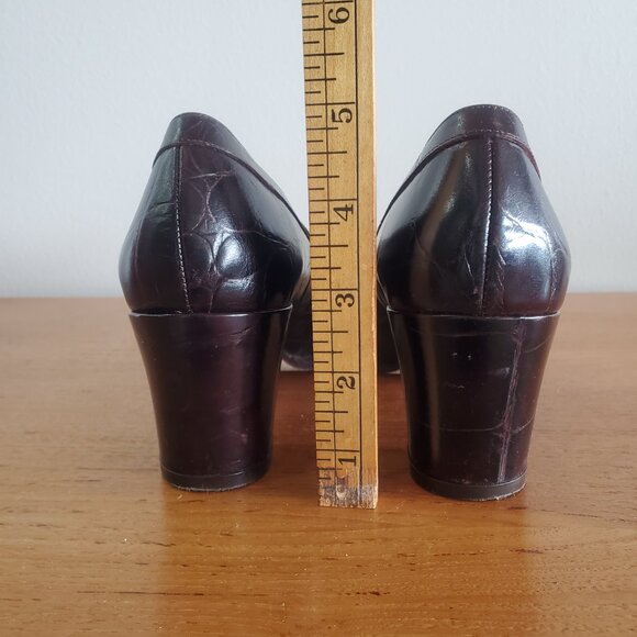 Joan & David W 7.5 Italy handmade Burgundy Croc Leather Heeled Penny loafer A213 - Picture 11 of 12